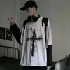 QWEEK Gothic Style Tshirt Mall Tops Punk Long Sleeve Oversized T-shirt Fake Two-piece Street Fashion Korean 220114