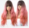 Harajuku Pink Brown Lolita Wig Long Two Colors Realistic Cosplay Wigs With Bangs For Women Wavy Wigs Synthetic Hair