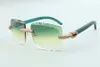 2021 lunettes de soleil en diamants micro-pavés à verres coupants 3524020, verres à branches en bois bleu sarcelle, taille: 58-18-135 mm