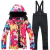 스키 잭 재킷 겨울 두꺼운 따뜻한 스키복 여성 방수 및 스노우 보드 재킷 바람 방전 바지 세트 여성 눈 의상 야외 착용