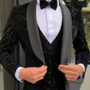 Sparkly Siyah Damat Smokin Mens Sabah Suits Sahne Cosplay Erkekler Parti Takım Elbise Düğün Best Adam Blazer (Ceket + Yelek + Pantolon)