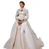 2022 High Neck Mermaid Wedding Dresses With Detachable Train Lace Appliques Long Sleeves Chapel Bridal Gowns African Plus Size Bride Dress Back Illusion Buttons