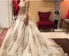 2021 Sparkly Full Sleeve Wedding Dresses With Gold Appliqued V Neck Ivory Tulle Long Bridal Gowns Arabic Vintage Court Train Bride Dress Vestidos