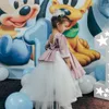 Princess Flower Girl Dresses 2021 Ny Applique Bow Ball Gown Spets Tulle Child Första nattvardsklänning Ruched Satin Girls Pageant Gown V87