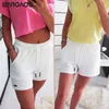 BIVIGAOS 2019 Verano Mujer Color sólido Algodón Blanco Pantalones cortos Sueltos Casual Pierna ancha Pantalones cortos de cintura alta Pantalones cortos rectos con cordón T200701