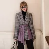[EAM] femmes violet Plaid Pu cuir grande taille Blazer nouveau revers à manches longues coupe ample veste mode printemps automne 1Z131 201114