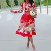 Automne à manches longues femmes plissé imprimé fleuri robe 2020 élégant femme grande taille africain bureau dames Vintage robe Midi rétro J1215