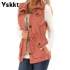 YSKKT Dames Jassen Vest Lente Herfst Vinatge Drawsting Slim Fit Solid Mouwloze Zipper Vest Pocket Jassen 211220