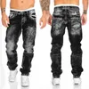 Jeans para hombres 2021 Otoño Moda Suelta Media cintura Bolsillo Denim Pantalones rectos Casual Lavado Black317F