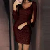 Платье Женщины плюс размер 3XL 7 Цветов Сексуальная V-образная выречка сплошной секвенированный Шитон Сияющий Клуб Оболочка Длинные рукава Партия Мини Платье Y0118