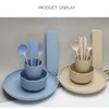 Wheat Straw Bowl Cup Plate Knife Fork Spoon Chopsticks 28 Piece Set Cutlery Combination Portable Cutlerys Sets WH0264