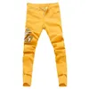 Moda Rised Dżinsy Mężczyźni haftowe chude spodnie Man Spring Summer Yellow Green Pink Demin Pants Plus Sizer 201128