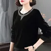 Сплошной O-шеи бархатные весенние женские женские мода шикарно полный рукав плюс размер 5XL свободная футболка женская черная мама корейских топов 220315
