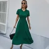 Casual Dresses Spring Summer Long Kvinnor Kläder Kortärmad V-Neck A-Line Dress Vintage Party Vestido Fiesta Mujer