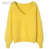 BAHTLEE Inverno Donna Angora Rabbit Jumper Maglione con scollo a V Manica a lanterna Visone Cashmere Pullover lavorato a maglia Mantieni caldo spesso allentato 201031