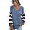 Mulheres Stripe Splicing camisetas Moda Tendência Leopardo V Pescoço Manga Longa Casual Pullover Tops Designer Outono Novo Feminino Solto Tshirts