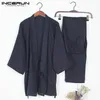 Homens sleepwear homens kimono conjunto Homewear estilo japonês cor sólida algodão tops e calças pijamas solto casual confortável l-5xl