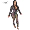 Yiduo Ruffles Mode Camouflage Print Sheer Mesh Jumpsuit Kvinnor Sexig Deep V Neck Långärmad Skinny Club Rompers 2 Piece Set T200509