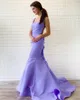 Light Blue Satin en mousseline de soie robe de bal sirène avec des volants 2021 Scoop dos ouvert croisillons formelle Femmes Robes de soirée pas cher nouveau style plus