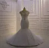 2021 Crystal Mermaid Wedding Dresses High Neck Lace Sequined Cap Sleeve Beading Bridal Gowns Custom Made robes de mariée