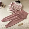 Korean summer Love printed knitted 2 Peice Set Women short sleeve beading Sweater Female tops+pants Suit pink casual Tracksuit 201007