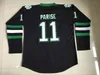 MThr # 11 Zach Parise Dakota Maglia da hockey da uomo 100% ricamo cucito Fighting Sioux DAKOTA Maglie da hockey universitari Nero Bianco Verde