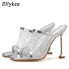 Slippers Eilyken Fashion Women Snake Print Peep Toe Stilettos Heels Summer Hollow Breathable Mesh Color Diamond Party Shoes220308