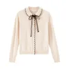 INMAN Autumn Winter Arrival Lady Retro Artsy Style Female Contrast Color Tie Collar Lace Fringe Women Cardigan Sweater 201223