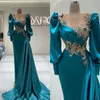 Sexy Beading Mermaid Evening Dress Long Sleeve Blue Satin Prom Gowns With Train 2022 Celebrity Women Party Wear