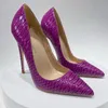 진짜 사진 패션 여성 신발 보라색 뱀 특허 가죽 인쇄 포인트 발목 발목 섹시한 레이디 하이힐 펌프 12cm 스틸레토