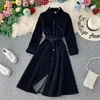 Frauen Cord kleid Langarm Solide Schlank A-linie woemn Party Kleid Mode Damen Einreiher Casual Kleid Y0118