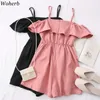 Woherb Tute per le donne 2020 Estate Nuovo arrivo Sweet Wild Irregolare Body Ruffles Vita alta Sling Off spalla Playsuit T200704