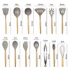11-14pcs ustensiles de cuisine en silicone ensemble poignée en bambou grande cuillère spatule ensemble accessoires de cuisine ustensiles de cuisine outils de cuisine 201223