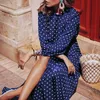 Cvyataya Boho Latarnia Długie Rękawy Polka Dot Drukowane Midi Dres Eleganckie Vintage Stand Collar Split Sukienka Jesień Robe Femme 220311