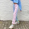 Contrasterende kleur Baggy Dames Losse Hight Jogger Joggingbroek Casual Roze Blauw Patchwork Hoge taille Broek Vrouwelijk Hip Hop Streetwear LJ201130