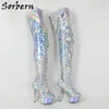 Sorbern – bottes mi-cuisses argentées Holo pour femmes, talons hauts de 15Cm, bottes de pole dance exotiques, talon décapant, largeur et longueur de jambe personnalisées