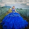 Роскошные Вышитые платья Quinceanera Royal Blue и Silver с коротким рукавом высокого Jewel шариков оборками из органзы Сладкие 16 Платье Vestidos De