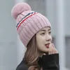 Beanie/Skull Caps Hat Women's Brushed And Thick Knitted Warm Windproof Revers Striped Fur Ball Woolen Cap1 Eger22