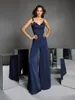 Sexiga remmar v Neck Dark Navy Jumpsuits Prom Dresses For Women Applicants spets ärmlösa byxor Passar Mother Formal Evening Wear Special Ocn Party Gowns