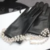 Five Fingers Gloves Women's Glove Real Leather Pearl Decoration Short Thin Keep Warm Plus Velvet Female Elegant Black Pink 1