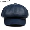 La Spezia Real Leather Newsboy Cap 여성 단단한 베이커 소년 모자 레드 블랙 블루 핑크 빈티지 브랜드 숙녀 겨울 팔각형 캡 201013