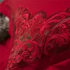 4 / 6Piece Red Egyptisk bomull Lace Luxury Wedding Bedding Set King Queen Size Bed Cover Set Bedsheets Duvet Cover Set Pillowcases 201021