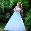 Céu lindo azul laço branco vestidos de festa formais para o convidado de casamento alta jóia corporta volta flor menina vestido com mangas graduação de pageant