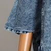 Twotwinstyle Vintage Denim Women Windbreaker Lapel Collar Half Sleeve Hög midja Trench Coats Kvinnlig Mode Kläder Tide 201028