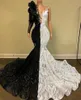 Designer Zwart en Wit Mermaid Lange Prom Jurken Sparkly Sequin One Long Sleeve Afrikaanse Meisje Avondjurken Feestkleding