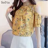 Moda feminina de softu elegante off ombro blusas chiffon cópia blusas camisa floral para mulheres ete plus size tops femininos H1230