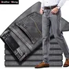 Men's Stretch Regular Fit Jeans Business Casual Classic Style Fashion Denim Trousers Male Black Blue Gray Pants 220308