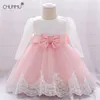 Beads Flower Infant Baby Girl Dress Lace Big Bow Baptism Dresses for Girls First Year Birthday Party Wedding Baby Clothes LJ200827