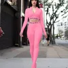 FQLWL Streetwear Blanc Rose 2 Deux Pièces Ensemble Tenues Fiesss Manches Longues Crop Top Leggings Femmes Dames Survêtement Femme 201007