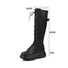 PXELENA Punk Gothic Shoes Women Flat Platform Knee High Boots PU Leather Lace Up Buckle Riding Knight Combat Motorcycle Boots 42